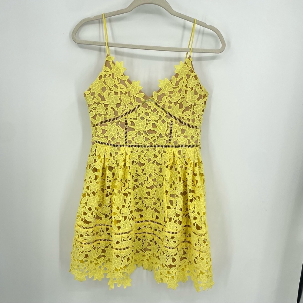 L’Atiste by Amy yellow crochet lace fit n Flare Dress w/ Pockets Sz M
